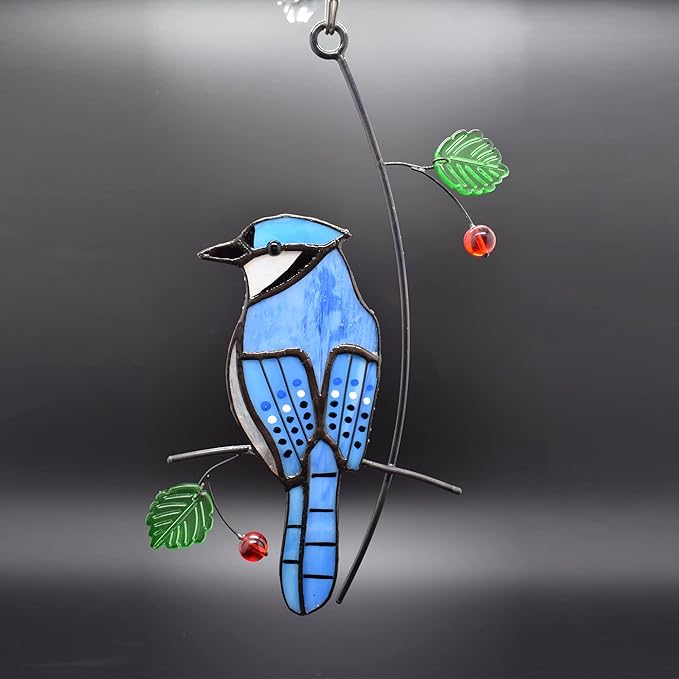 Lolitarcrafts Blue Jay Modern Stained Glass Window Hangings Blue Birds Suncathers for Window-BloomoryGarden