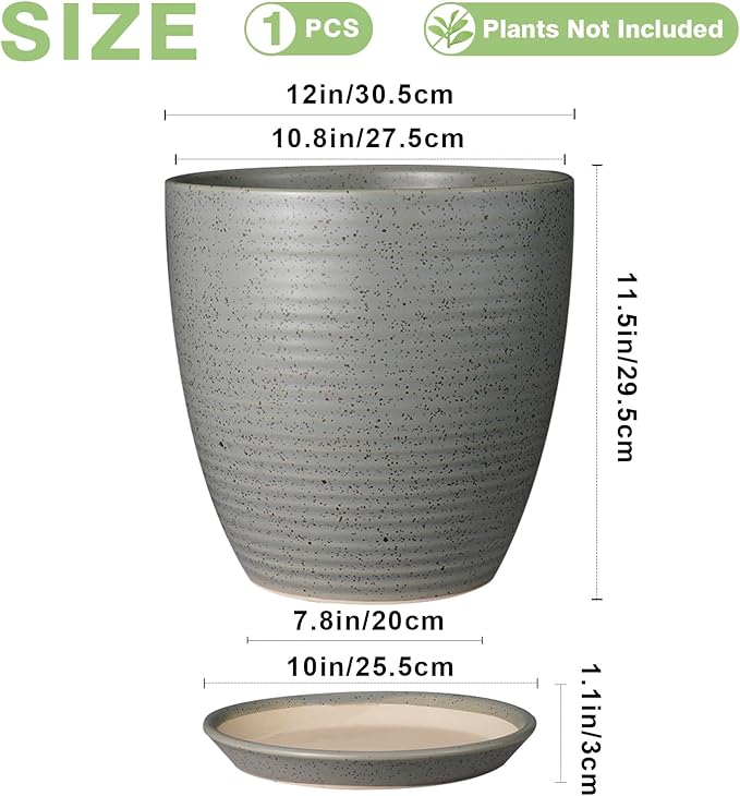 12 Inch Plant Pot, Ceramic Planter Pot with Drainage Hole and Saucer Round Large Flower Pot for Indoor Plants, Light Gray-BloomoryGarden