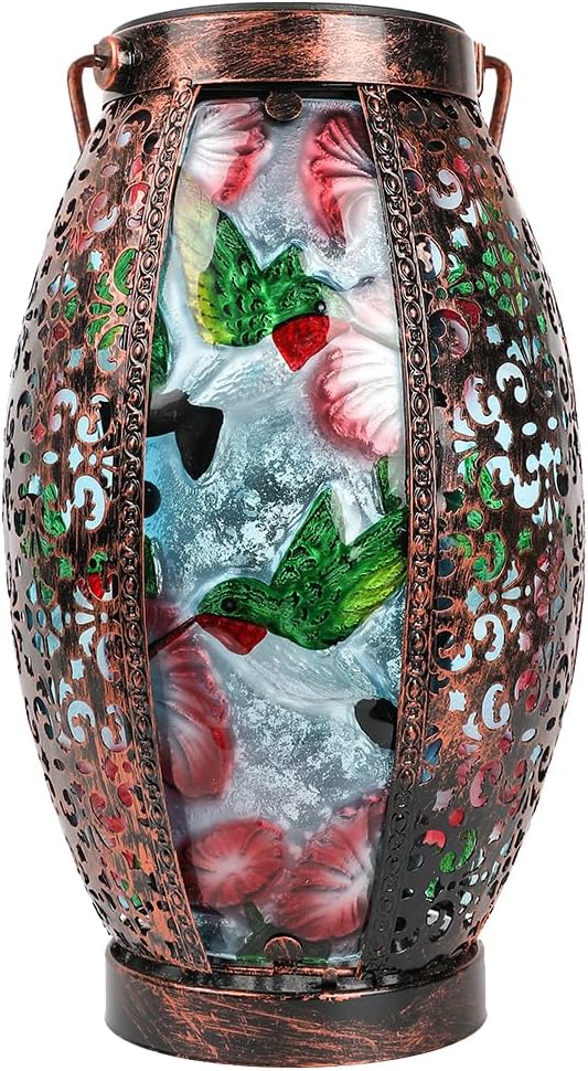 Hummingbird Solar Lanterns Glass & Metal Hanging Lantern Outdoor Waterproof 16" H Tabletop Light with Hollowed-Out Design for Garden Patio Table Decor Mother's Day Gift