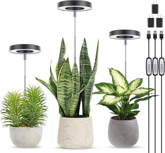 LORDEM Grow Light, Full Spectrum LED Plant Light for Indoor Plants, Height Adjustable Growing Lamp with Auto On/Off Timer, 4 Dimmable Brightness, Ideal for Small Plants, 3 Packs of Black-BloomoryGarden