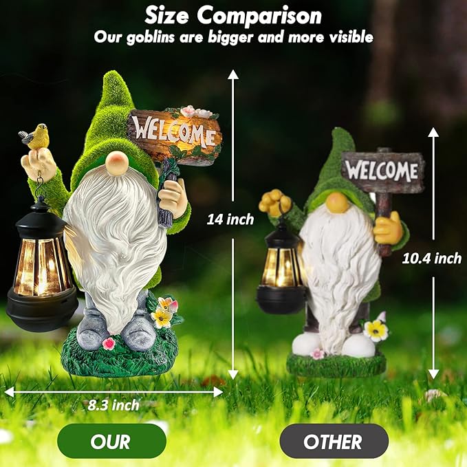 Lovinland Garden Gnome Statue Outdoor Decor Large Flocked Resin Gnome Figurine with Solar Light Holding Lantern Welcome Sign Garden Yard Decorations Dwarf Sculpture for Outside Patio Porch Lawn Decor-BloomoryGarden