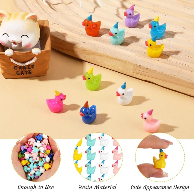 100 Pack Mini Resin Ducks, Multicolor Mini Ducks Wearing Party Hat, Tiny Duck Miniature Duck Figures Tiny Home Ornament for Micro Landscape Dollhouse Garden Aquarium Potted School Office-BloomoryGarden