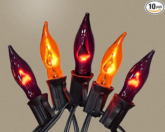 12.8Ft Halloween Decorations - Indoor/Outdoor Flickering Flame String Lights, Orange & Purple, 12 Pack C7 Flame Lights Bulbs-BloomoryGarden