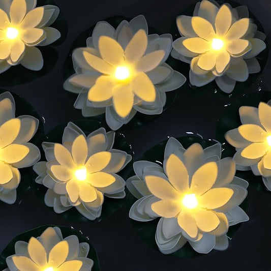 12 PCS Diwali Waterproof Floating Lotus Light - Floating Flower Light Battery Operated Water Activated Warm White Pool Flower Lamp Wedding,Anniversary,Garden Decoration(6Inch & 5Inch)-BloomoryGarden