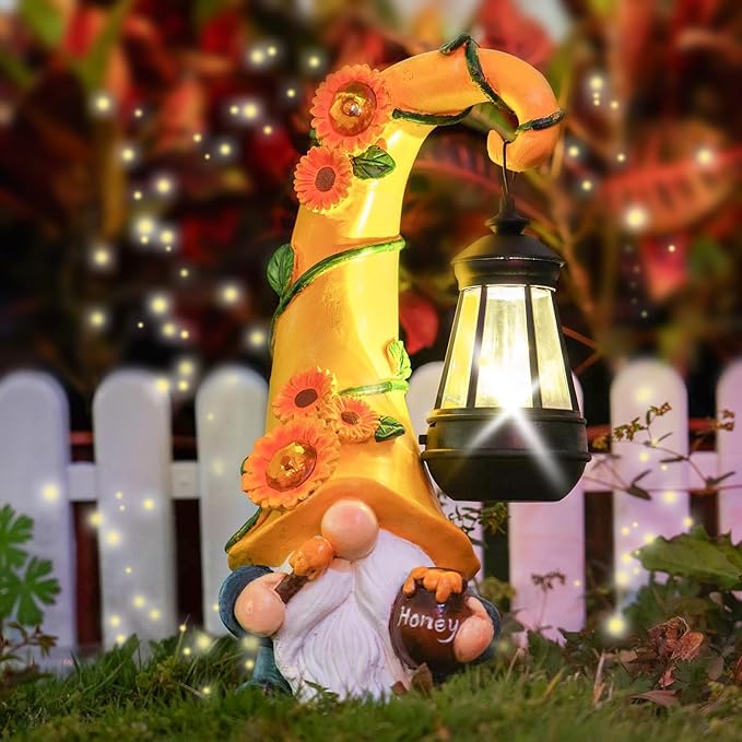 12" Solar Gnome Garden Statues Honey Bee jar Decor with LED Lantern Outdoor Spring Gnomes Decorations Patio Yard Balcony Art Gifts for Women Mom Grandma-BloomoryGarden