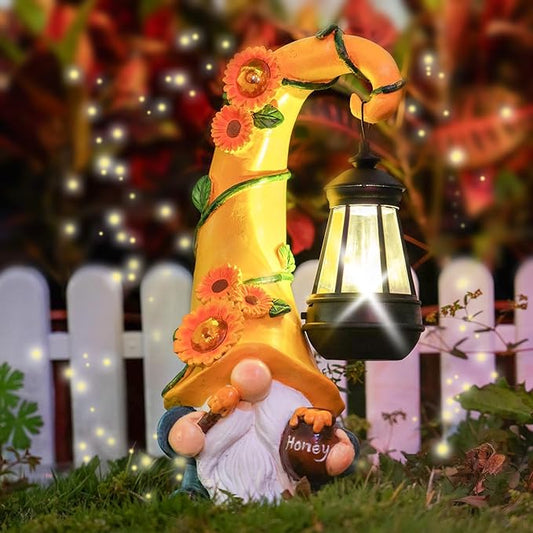 12" Solar Gnome Garden Statues Honey Bee jar Decor with LED Lantern Outdoor Spring Gnomes Decorations Patio Yard Balcony Art Gifts for Women Mom Grandma-BloomoryGarden