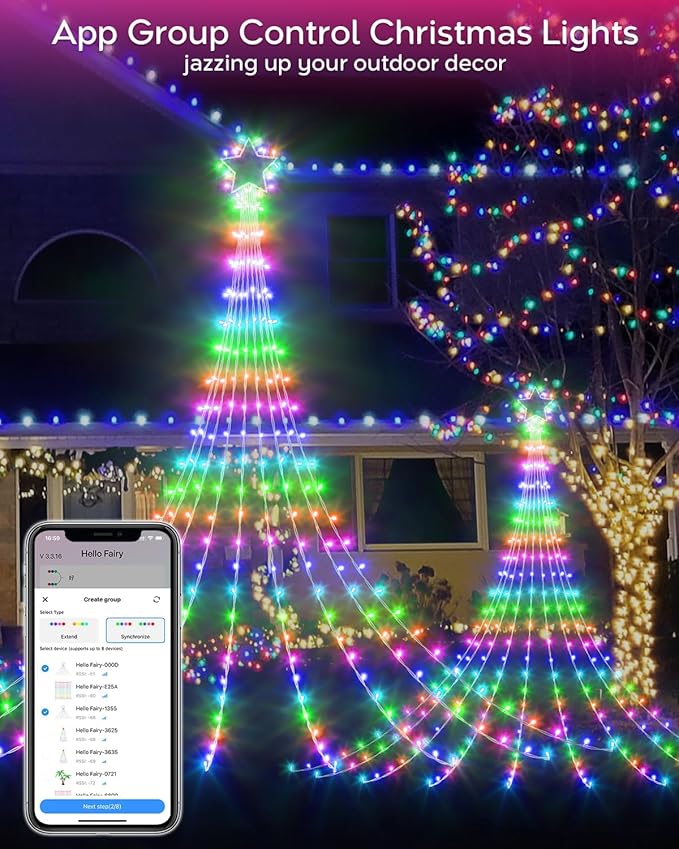 16.5FT Outdoor Christmas Decorations Tree Lights for Yard, Dynamic Star String Lights Waterfall App Control Color Changing Music Timer, Christams Lights Plug in 245 LEDs for Outside Xmas Home Decor-BloomoryGarden