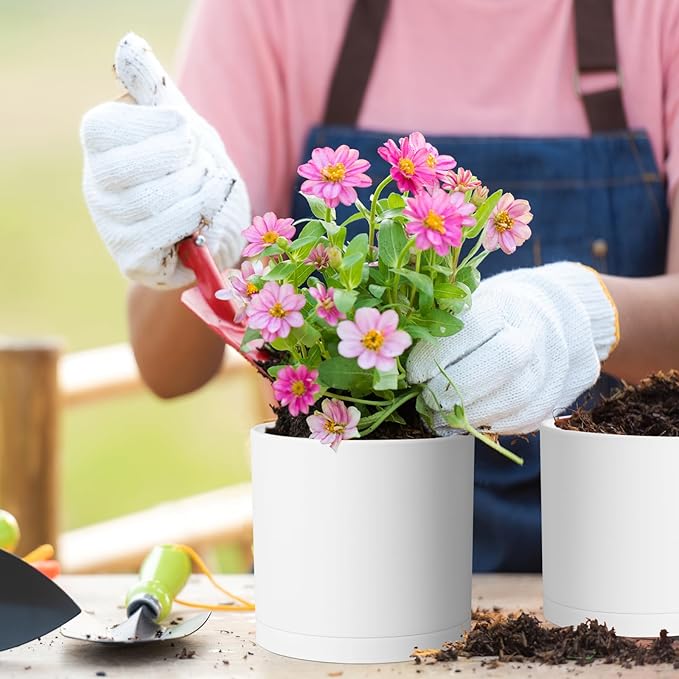 10/8/6 inch Deep Flower Pots, 3 Pack Cylinder Tall Plant Pots for Outdoor Indoor Plants, Large Decorative Plastic Planters with Drainage Holes and Saucers for Garden House Plants, White-BloomoryGarden