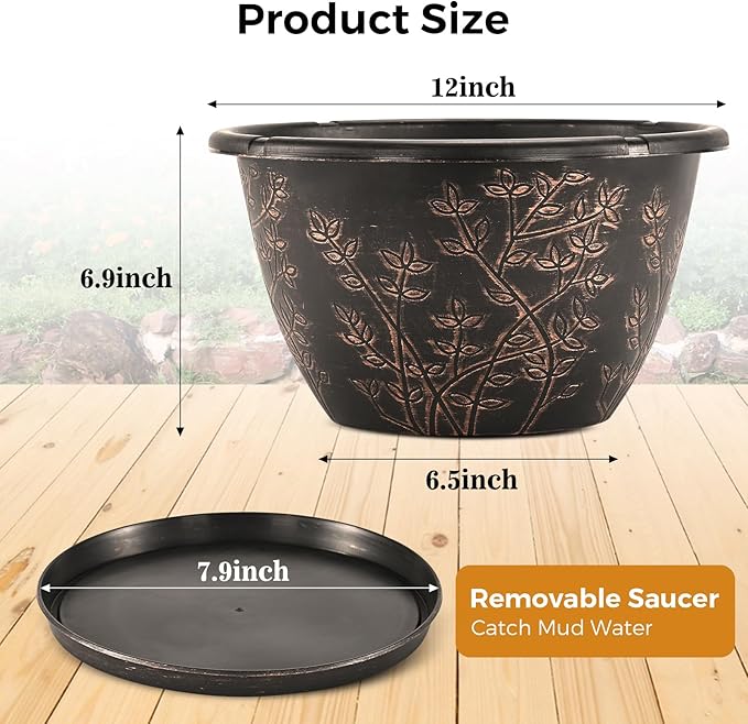 12-inch-Flower-Pots-Outdoor-Indoor, 4 Pack Plastic Planter Pots for Plant with Drainage Hole Saucer, Decorative Resin Garden Container with Tray-BloomoryGarden
