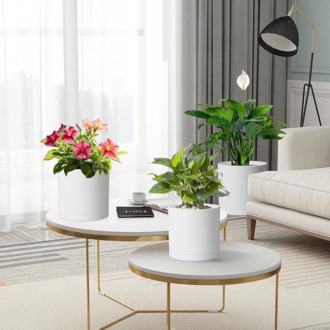 10/8/6 inch Deep Flower Pots, 3 Pack Cylinder Tall Plant Pots for Outdoor Indoor Plants, Large Decorative Plastic Planters with Drainage Holes and Saucers for Garden House Plants, White-BloomoryGarden