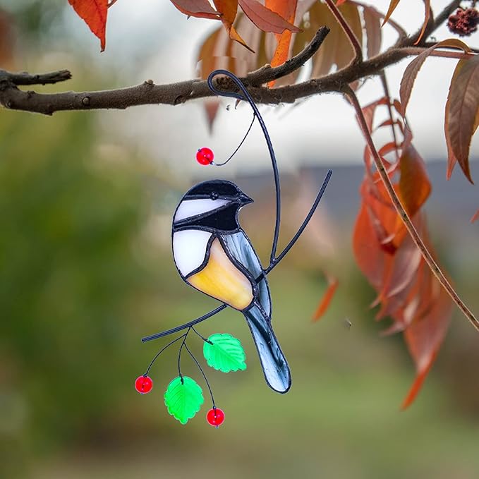 Lolitarcrafts Chickadee Stained Glass Suncatcher Bird Stained Glass Window Hangings for Window Decoration-BloomoryGarden