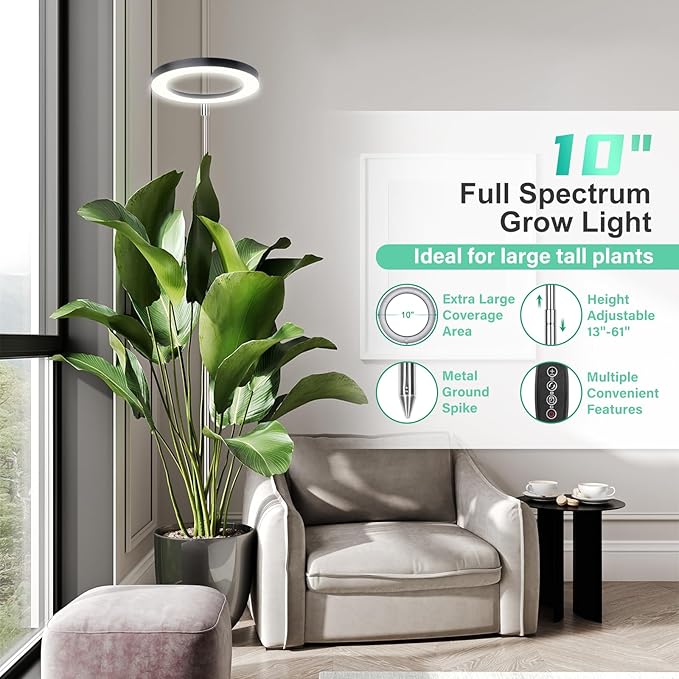 LORDEM 10" Full Spectrum Grow Light, 160 LEDs Plant Lamp for Indoor Plants, Grow Lamp with 4/8/12H Auto Timer, 10 Dimmable Levels, 3 Spectrum Modes, 61" Height Adjustable, Ideal for Large Tall Plants-BloomoryGarden