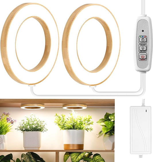 LORDEM 6.3" Bamboo Ceiling Grow Light for Indoor Plants, 144 LEDs Full Spectrum Grow Lamp, Under Cabinet Plant Light with 4/8/12H Auto Timer, 3 Switch Modes, 4 Dimmable Brightness Levels, Dual Head-BloomoryGarden