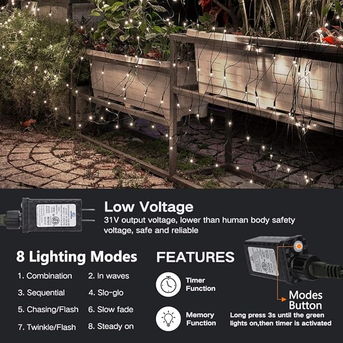 Lomotech 12ft x 5ft 360 LED Christmas Net Lights, 8 Modes Waterproof With Timer Low Voltage Connectable Mesh Lights for Trees, Bushes, Shurb, Garden, Outdoor Decoration(Green Wire, White)-BloomoryGarden