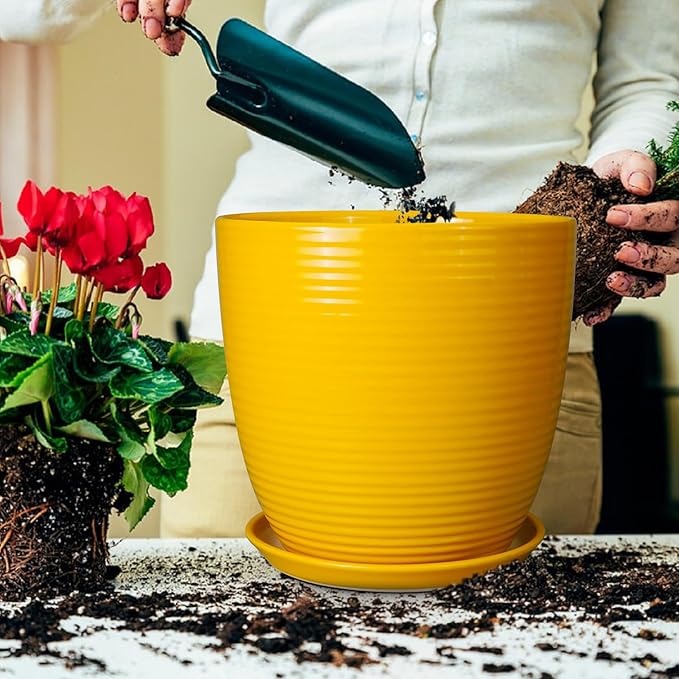 12 Inch Pots for Plants - Ceramic Planter for Indoor Plants Large Plant Pot with Drainage Hole and Saucer Round Outdoor Flower Pot for Garden Home Patio Office Yellow-BloomoryGarden