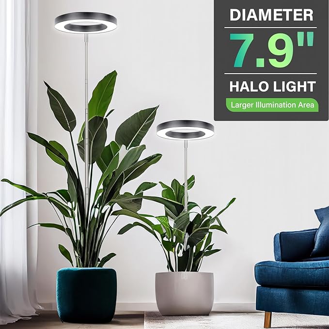 LORDEM Grow Light for Indoor Plants, 7.9" Full Spectrum LED Plant Grow Light, Height Adjustable Growing Lamp with Auto Timer 4H/8H/12H, 6 Dimmable Levels, Ideal for Large Tall Plants, 2 Packs, Black-BloomoryGarden