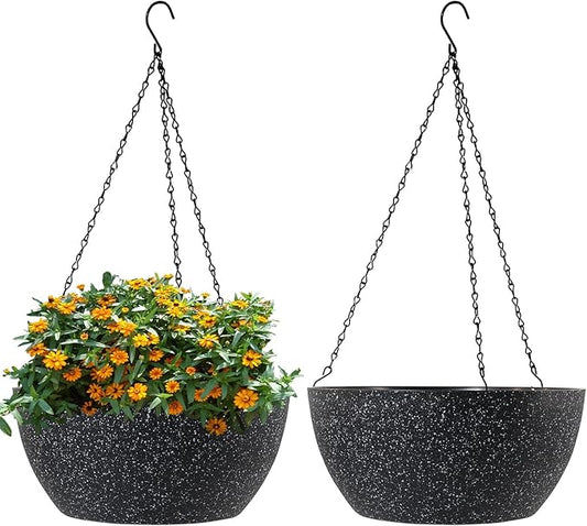 13 inch Large Hanging Planters Plant Pots for Outdoor Indoor Plants with Drainage Holes and Chain, 2 Pack Round Hanging Flower Pots for Garden Home Porch Decor, Speckled Black-BloomoryGarden