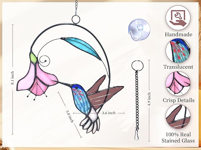 Lolitarcrafts Stained Glass Hummingbird Window Hangings with Flowers, Bird Stained Glass Suncatcher for Window Decor Hummingbird Gifts for Mom,Bird Lovers (Blue with Flower B)-BloomoryGarden