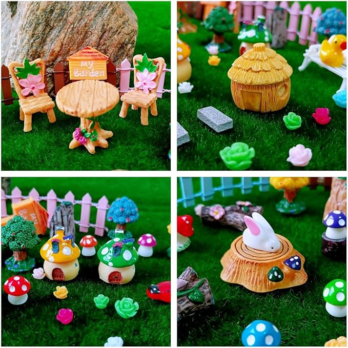 100 Pcs Miniature Fairy Garden Accessories Mini Landscape, Resin Micro Buildings Structures Tiny Animals Figurines-BloomoryGarden
