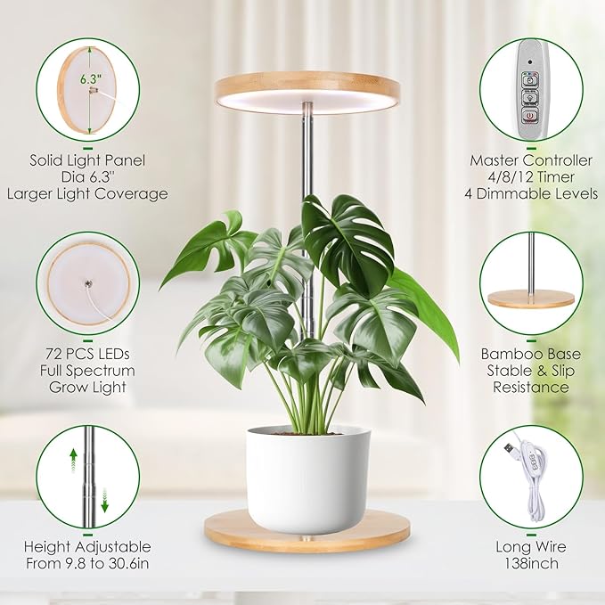 LORDEM Bamboo Grow Light, LED Plant Light for Indoor Plants Growing, Full Spectrum Bamboo Desk Growth Lamp with Automatic Timer for 4H/8H/12H, 4 Dimmable Levels, Height Adjustable-BloomoryGarden