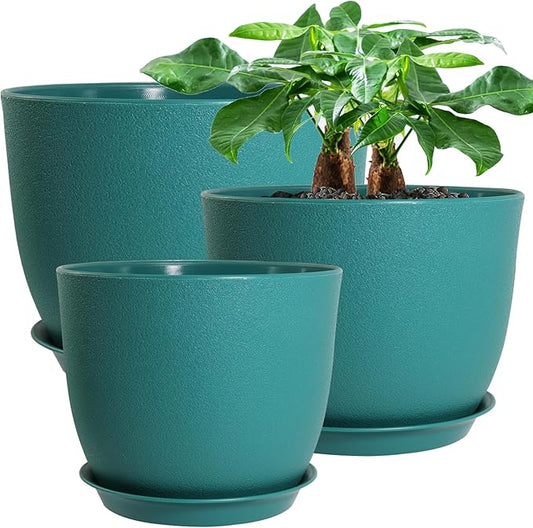 12/10/9 Large Modern Plant Pots, Plastic Planters with Drainage Holes and Saucers for Indoor Outdoor Plants Flowers, Malachite Green-BloomoryGarden