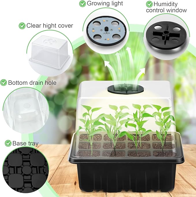 Lunies 6 Packs Seed Starter Trays with Grow Light, Seeding Starter Tray with Adjustable Humidity Dome, Base Indoor Greenhouse Germination Kit for Seed Growing Starting(12 Cells per Tray, Black)-BloomoryGarden
