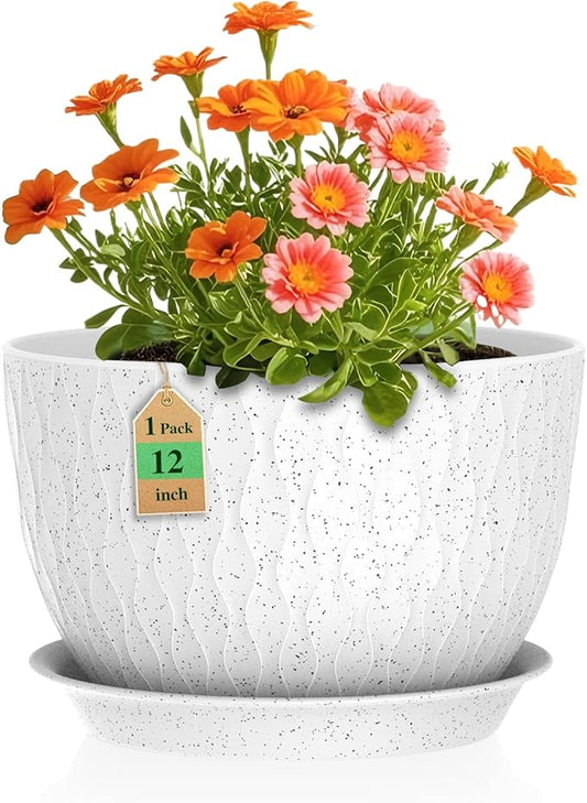 12 Inch Wide Water Ripples Flower Pots for Indoor or Outdoor Plants, Large Plant Pots with Drainage Holes & Saucer, Plastic Planters Set for Garden & Home Decor (White with Black Speckles)-BloomoryGarden