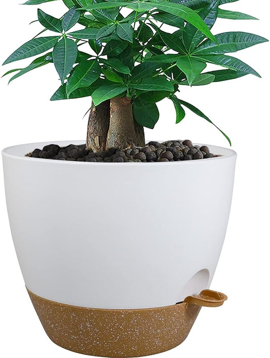12 inch Large Self Watering Pots, Plastic Planters with 60oZ Removable Deep Reservoir and Multi Mesh Drainage Holes for Indoor Outdoor Garden Plants and Flowers, White with Brown-BloomoryGarden