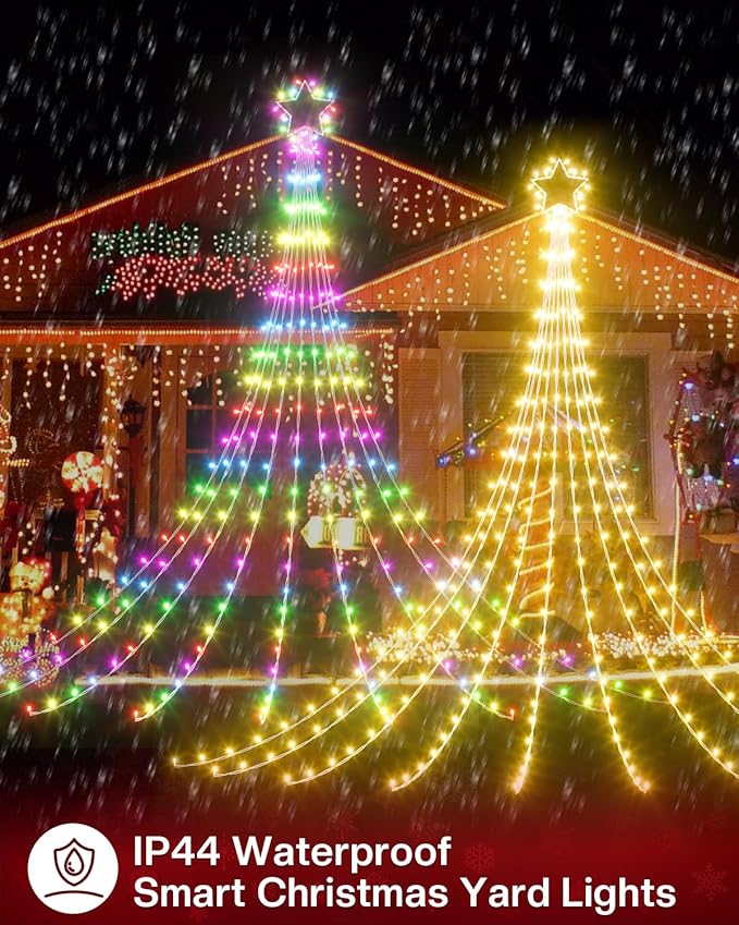 16.5FT Smart Outdoor Christmas Decoration Star String Lights, DIY Color Changing LED Yard Lights App Control Music Sync, Timer, Group Control Waterproof Waterfall Tree Lights for Outside-BloomoryGarden