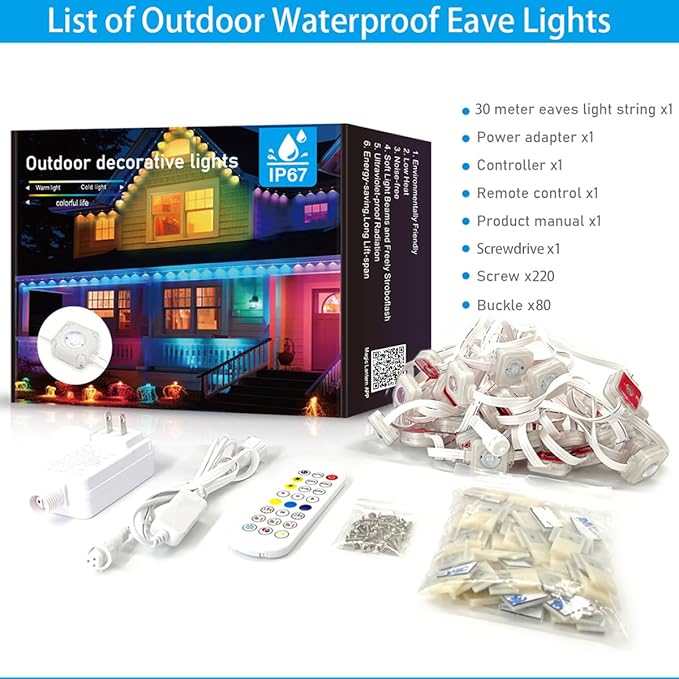 100ft Permanent Outdoor Lights for House, IP67 Waterproof RGB+IC LED Eaves Lights, 54 Scene Modes Outdoor Lighting for Christmas Garden Party Holiday Decorations, with App/Remote Control-BloomoryGarden