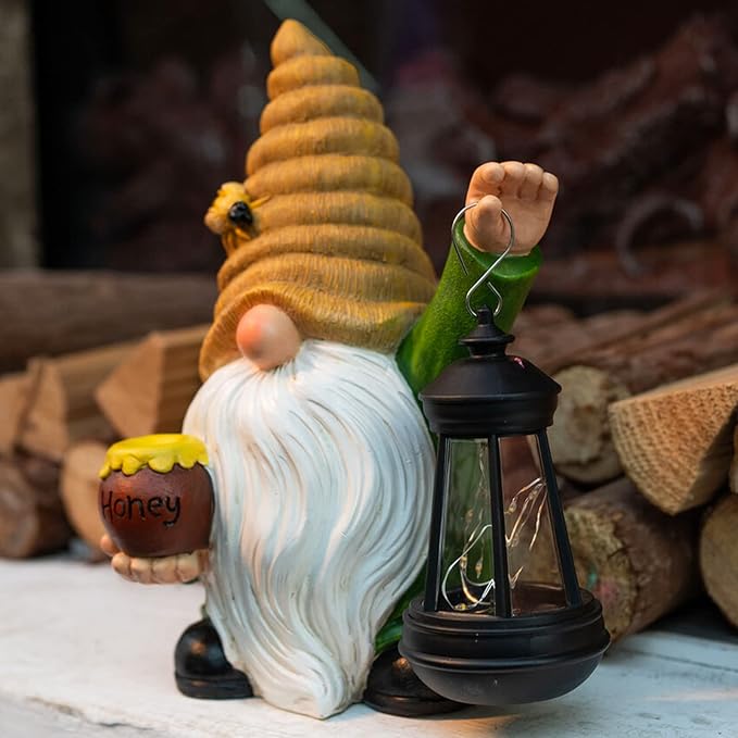 12.3''Solar Garden Gnome Outdoor Decor Honey Bee jar Gnome Statue with LED Lantern Fall Patio Yard Art Decoration Christmas Gardening Birthday Gifts for Women Mom, Honey Bee Gnome-BloomoryGarden