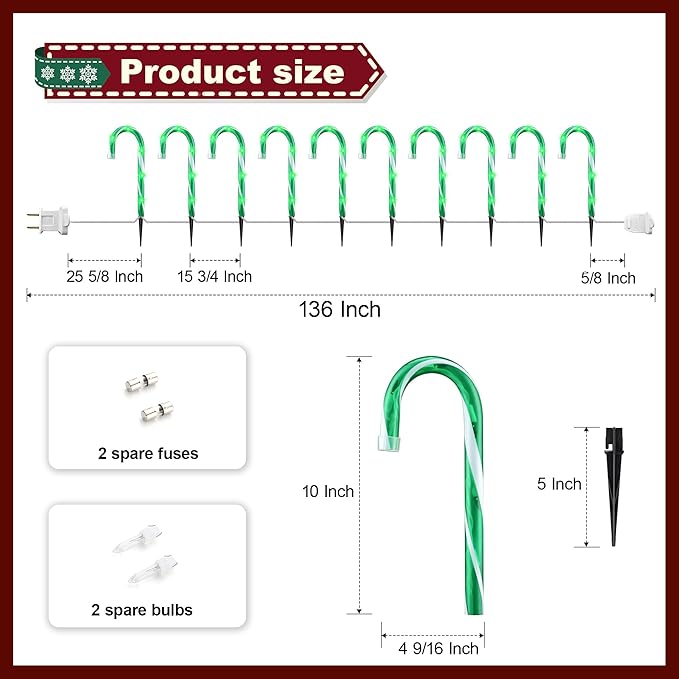 10" 10 Pack Christmas Candy Cane Lights, Candy Cane Lights with 10 Stakes for Walkway Patio Yard Patio Garden Festival Holiday Outdoor Indoor Landscape Path, Christmas Decorations Outside, Green-BloomoryGarden