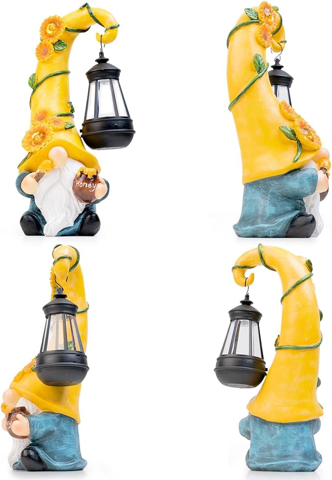 12" Solar Gnome Garden Statues Honey Bee jar Decor with LED Lantern Outdoor Spring Gnomes Decorations Patio Yard Balcony Art Gifts for Women Mom Grandma-BloomoryGarden