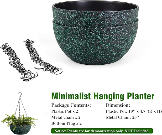 10inch Hanging Planters for Outdoor Indoor Plants with Drainage Holes and Chain, 2 Pack Round Hanging Flower Pots for Garden Home Porch Decor, Black with Green Speckles-BloomoryGarden