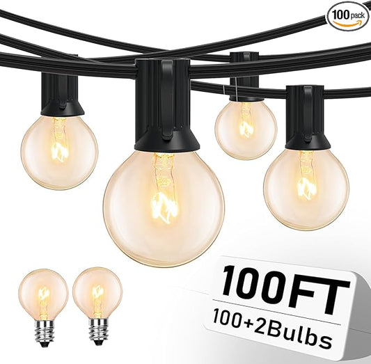 100FT String Lights, G40 Outdoor String Lights Edison Light Bulbs Clear Globe Lights for Backyard Patio Lights Indoor/Outdoor Commercial Decoration -5 Watt/120 Voltage/E12 Base -Black Wire-BloomoryGarden