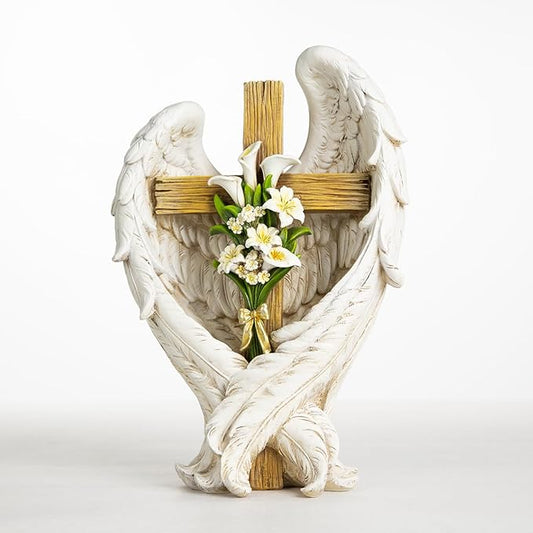 12" Angel Wings Embracing Cross and Calla Lily Garden Statue Memorial Statue-BloomoryGarden