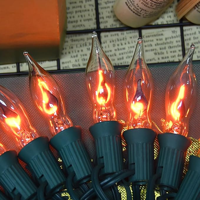 12.8Ft C7 Christmas Lights Flickering Flame String Lights with 12 Pack Clear Flame E12 Light Bulbs(2 Spare), Great for Christmas Decorations Indoor Outdoor Home Patio Party Lights, Green Wire-BloomoryGarden