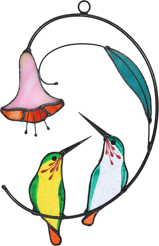 Lolitarcrafts Hummingbird with Flower Stained Glass Suncatcher Bird Stained Glass Window Hangings Hummingbird Gift for Home Decor (Green 1 Pair)-BloomoryGarden