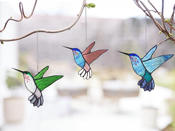 Lolitarcrafts Stained Glass Hummingbird Window Hangings with Flowers, Bird Stained Glass Suncatcher for Window Decor Hummingbird Gifts for Mom,Bird Lovers (Blue A)-BloomoryGarden
