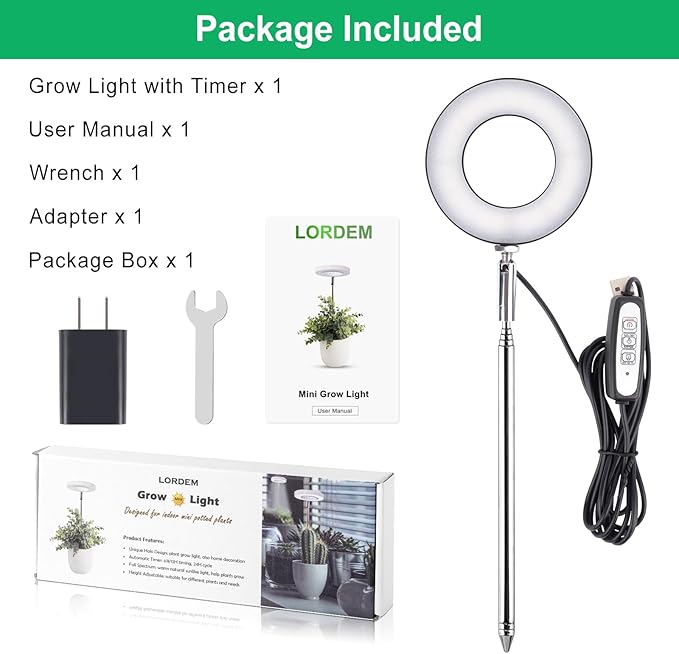 LORDEM Plant Grow Light, Full Spectrum LED Plant Light for Indoor Plants, Growing Lamp with Auto On/Off Timer, 4 Dimmable Brightness, Ideal for Indoor Plants, Black-BloomoryGarden