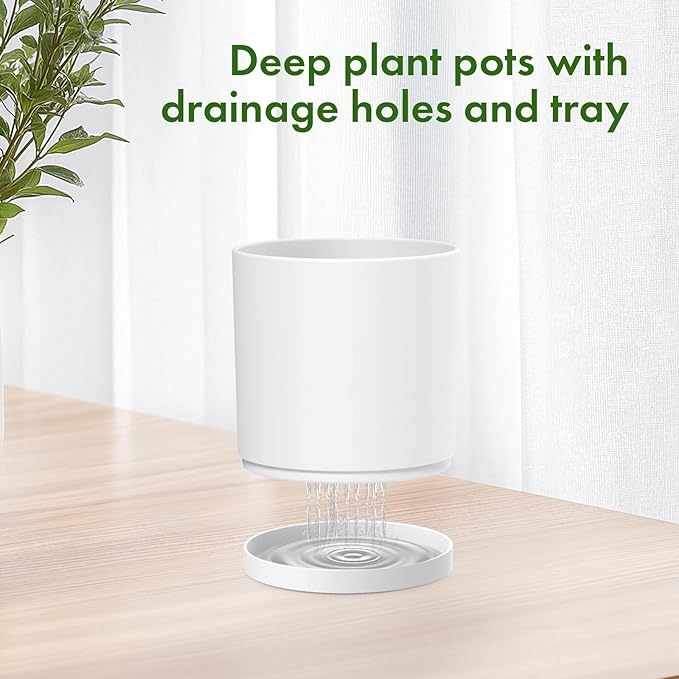 10/8/6 inch Deep Flower Pots, 3 Pack Cylinder Tall Plant Pots for Outdoor Indoor Plants, Large Decorative Plastic Planters with Drainage Holes and Saucers for Garden House Plants, White-BloomoryGarden