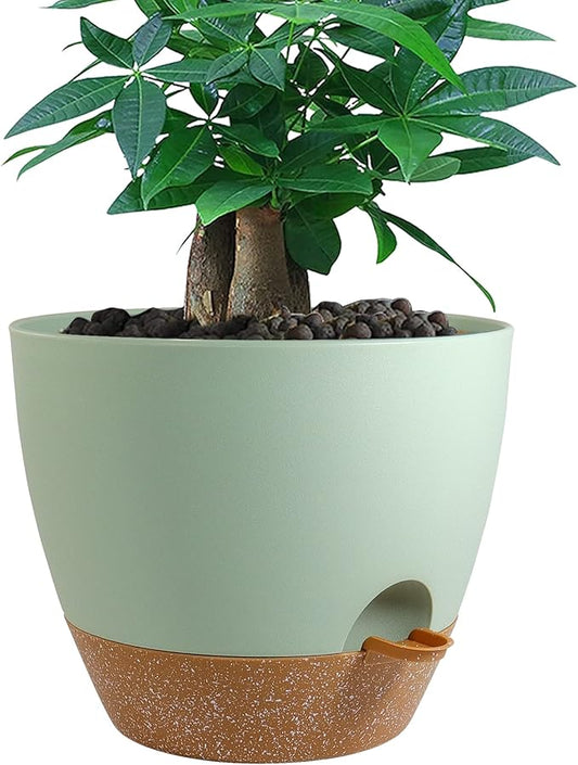 12 inch Large Self Watering Pots, Plastic Planters with 60oZ Removable Deep Reservoir and Multi Mesh Drainage Holes for Indoor Outdoor Garden Plants and Flowers, Green with Brown-BloomoryGarden