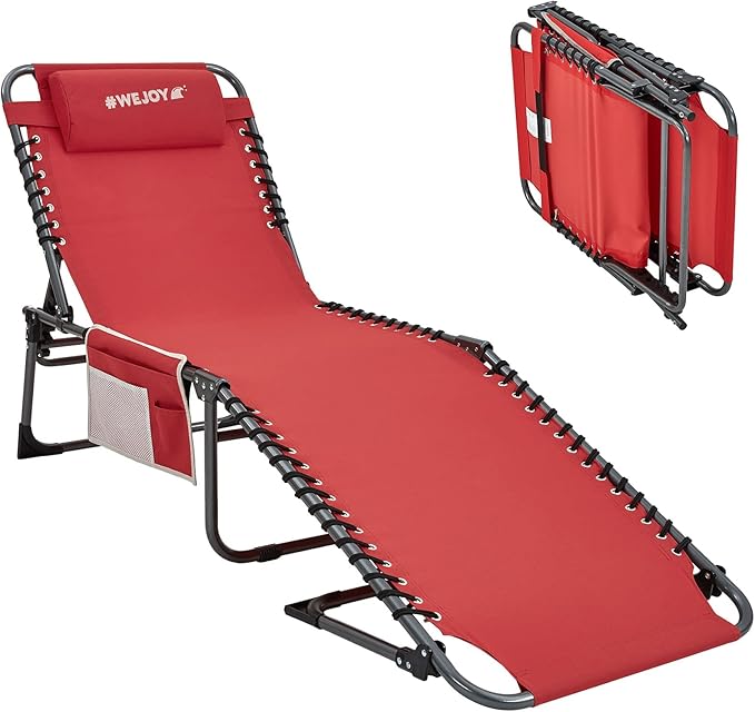 #WEJOY Outdoor Folding Chaise Lounge Chair for Outside, Patio, Beach, Poolside, Sunbathing, Adjustable 5-Position Reclining Chairs, Heavy Duty Camping Cot with Shoulder Strap and Pillow, Red-BloomoryGarden