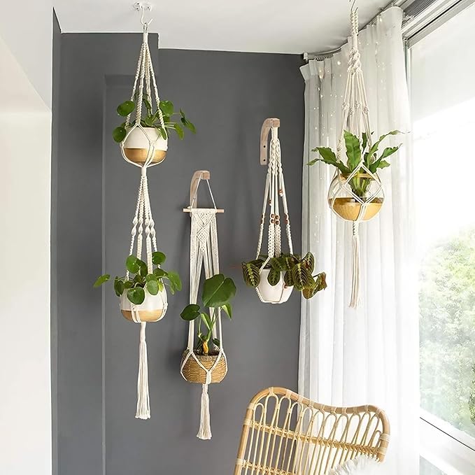 Macrame Plant Hanger for Indoor Hanging Plants, Hanging Planters for Indoor Plants, 2 Pack Wooden Wall Mounted Hanging Plant Bracket Hooks for Flower Pots Lanterns Wind Chime Light, Decoration-BloomoryGarden