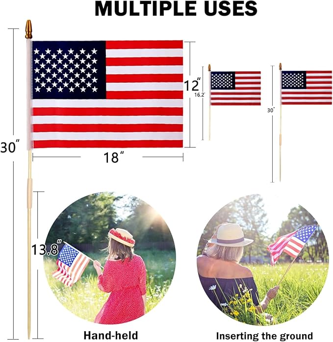 100 Pcs 12x18 Inch American Flags on Stick, American Flags, USA Stick Flag with Handheld and Grounded Multi-Purpose Flagpole, Design for Memorial Day, 4th of July, Veterans Day-BloomoryGarden