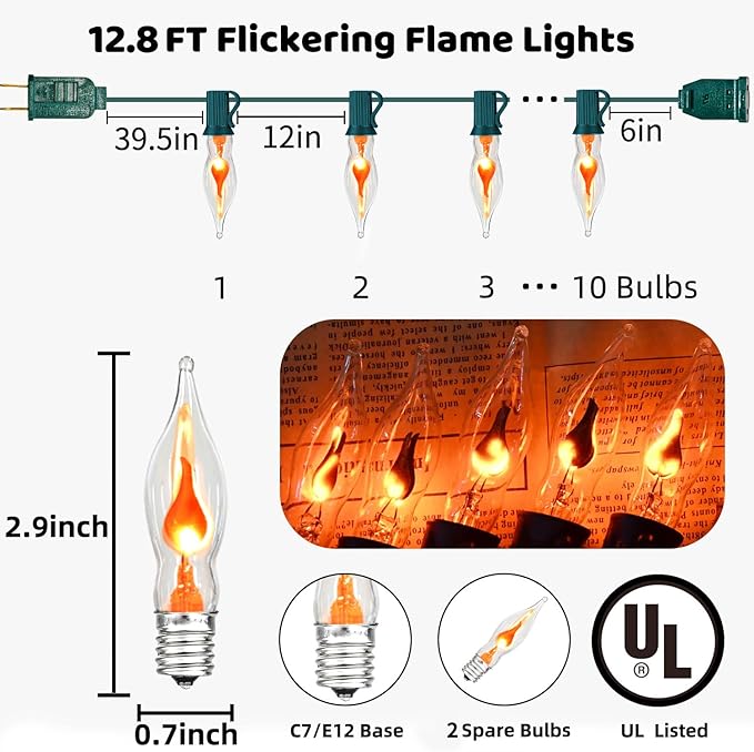 12.8Ft C7 Christmas Lights Flickering Flame String Lights with 12 Pack Clear Flame E12 Light Bulbs(2 Spare), Great for Christmas Decorations Indoor Outdoor Home Patio Party Lights, Green Wire-BloomoryGarden