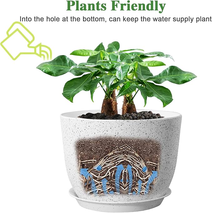 12/10/9 Large Modern Plant Pots, Plastic Planters with Drainage Holes and Saucers for Indoor Outdoor Plants Flowers, White Speckles-BloomoryGarden