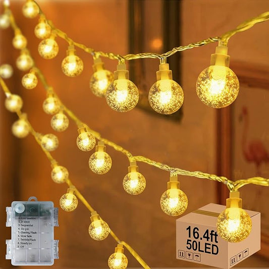 16.4ft 50LED Globe String Lights Indoor Bedroom Battery Operated, Crystal Fairy Lights IP44 Waterproof Outdoor Hanging Decorative Lights for Home Tent Patio Garden Party Wedding Decor-BloomoryGarden