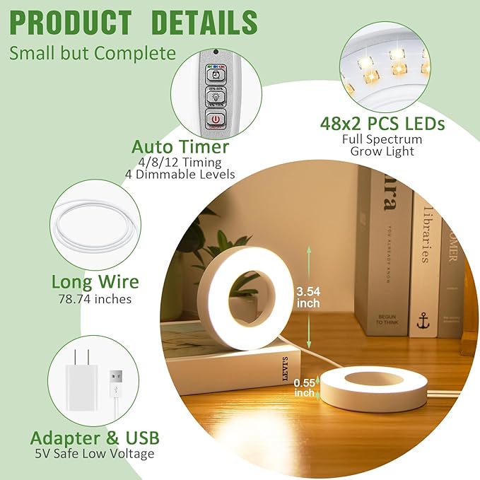 LORDEM Ceiling Grow Light for Indoor Plants, 96 LEDs Full Spectrum LED Plant Light, 5V Plant Lamp with 4/8/12H Auto Switch, 4 Dimmable Brightness Levels, Ideal for Small Plants, Dual Head, Corded-BloomoryGarden