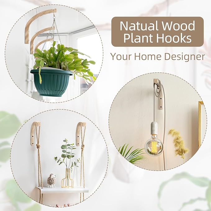 Macrame Plant Hanger for Indoor Hanging Plants, Hanging Planters for Indoor Plants, 2 Pack Wooden Wall Mounted Hanging Plant Bracket Hooks for Flower Pots Lanterns Wind Chime Light, Decoration-BloomoryGarden
